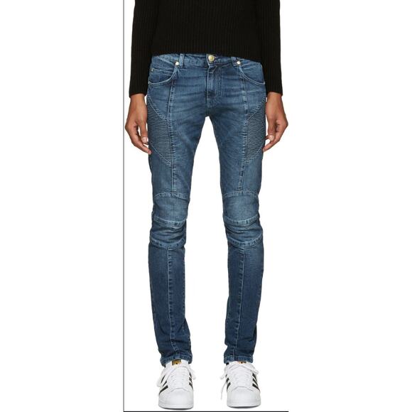 Pierre Balmain Navy Biker Skinny Jeans - Picture 1 of 7